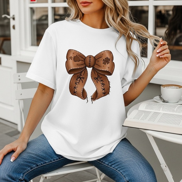 🏈 Coquette Football T-shirt 3d faux leather bow S M L XL new Game day - Picture 5 of 8